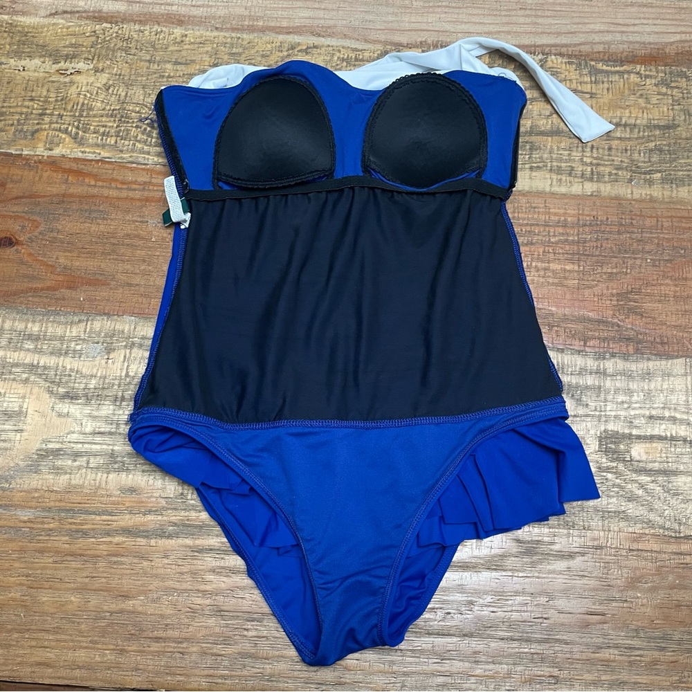 Lauren Ralph Lauren Womens Blue White Ruched Halter One Piece Swimsuit Sz 14 - Picture 3 of 6